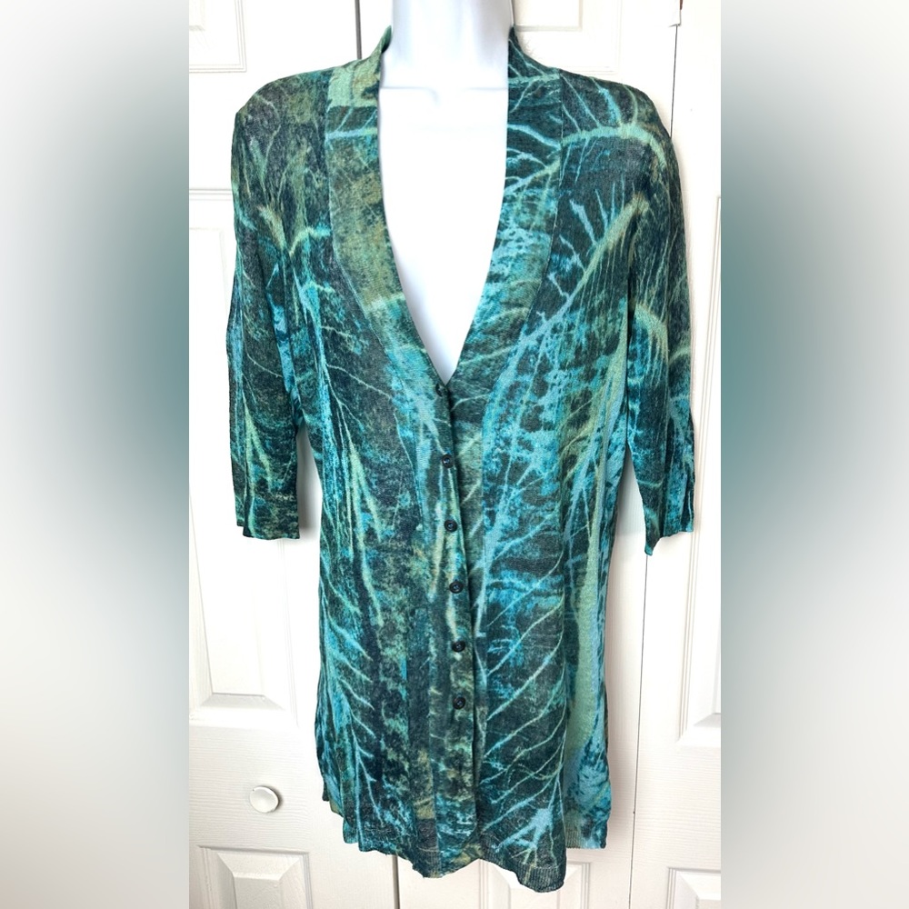 NIC + ZOE Cardigan Sweater Turquoise Green Teal Blue Long Tunic Knit Tropical